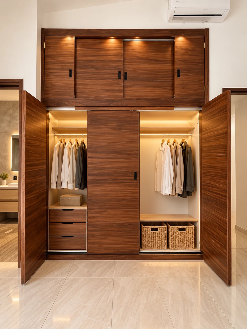 Clóset de madera con iluminación interior