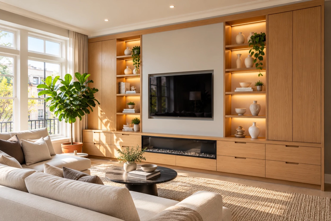 Sala con mueble de TV de madera iluminado